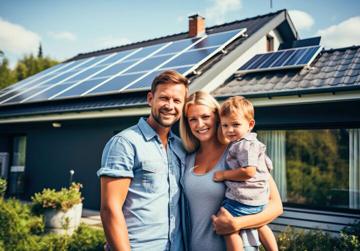 Eine glückliche Familie steht im Garten ihres Hauses, auf dessen Dach Photovoltaikmodule installiert sind.